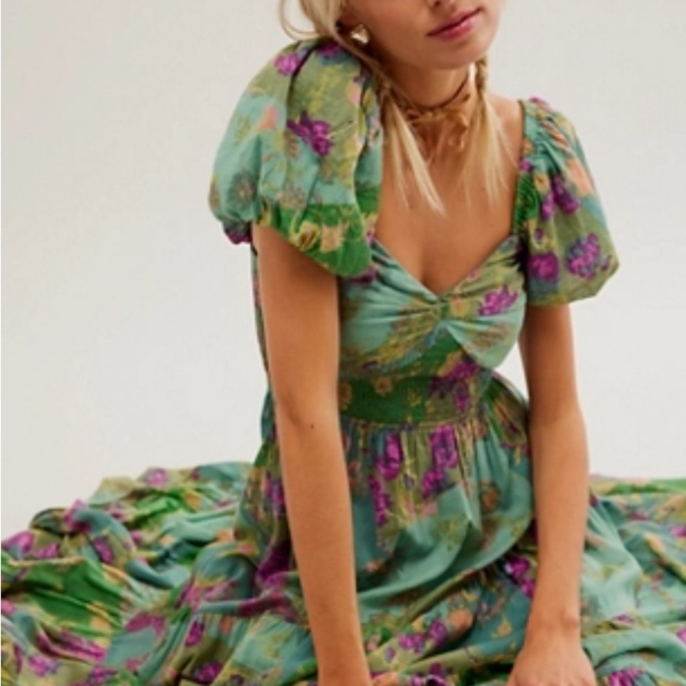 Free People Sundrenched Short-Sleeve Maxi Dress Size M Forest Combo